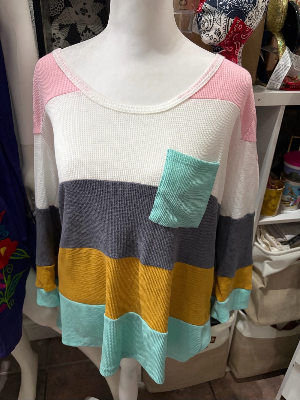 Lovely Melody Striped Colorblock Lightweight Sweater with Mint Pocket